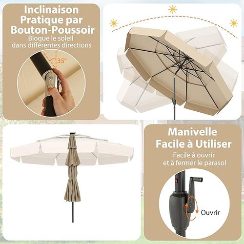Parasol De Jardin Exterieur Ø300 Cm, 32 Lumières LED, Toit Ventilé à 3 Niveaux, Beige
