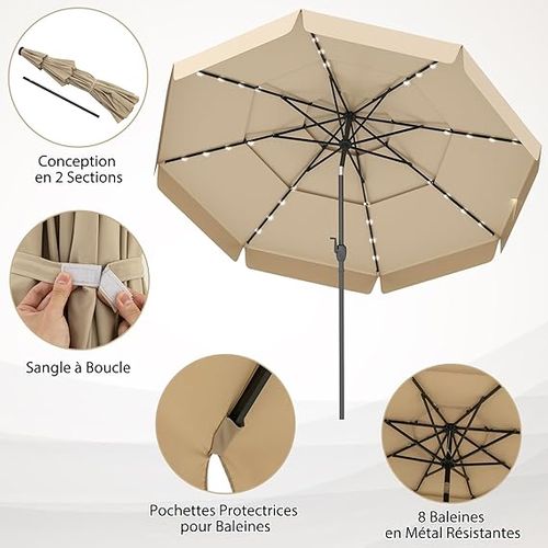 Parasol De Jardin Exterieur Ø300 Cm, 32 Lumières LED, Toit Ventilé à 3 Niveaux, Beige