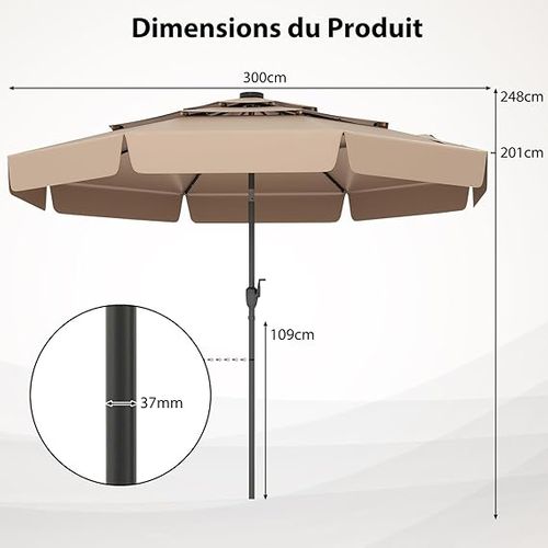 Parasol De Jardin Exterieur Ø300 Cm, 32 Lumières LED, Toit Ventilé à 3 Niveaux, Parasol Balcon, Brun