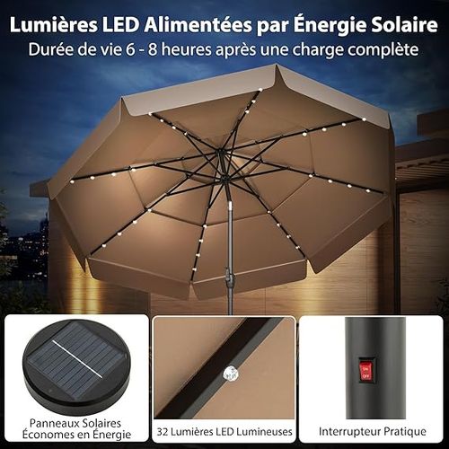 Parasol De Jardin Exterieur Ø300 Cm, 32 Lumières LED, Toit Ventilé à 3 Niveaux, Parasol Balcon, Brun