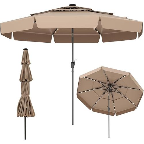 Parasol De Jardin Exterieur Ø300 Cm, 32 Lumières LED, Toit Ventilé à 3 Niveaux, Parasol Balcon, Brun