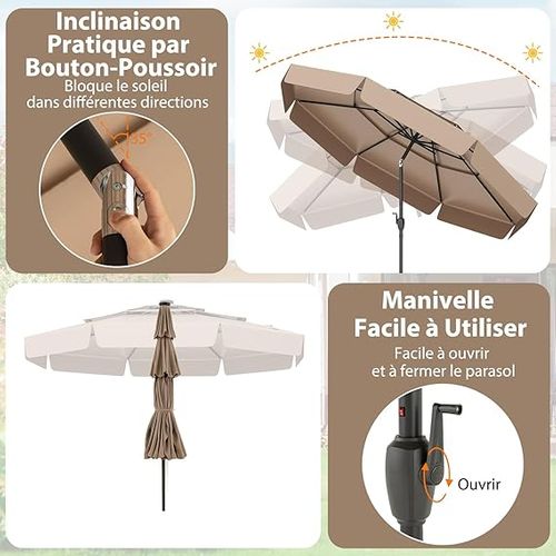 Parasol De Jardin Exterieur Ø300 Cm, 32 Lumières LED, Toit Ventilé à 3 Niveaux, Parasol Balcon, Brun