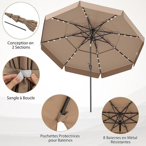 Parasol De Jardin Exterieur Ø300 Cm, 32 Lumières LED, Toit Ventilé à 3 Niveaux, Parasol Balcon, Brun