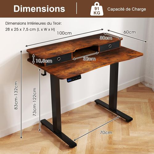Bureau Assis-debout Electrique 100x60 Cm, Avec 2 Tiroirs, Réglable En Hauteur (marron Rustique)