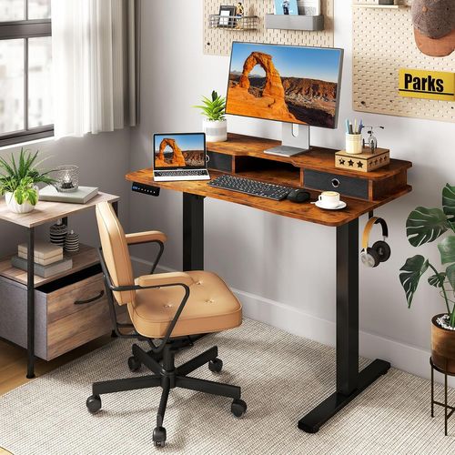 Bureau Assis-debout Electrique 100x60 Cm, Avec 2 Tiroirs, Réglable En Hauteur (marron Rustique)