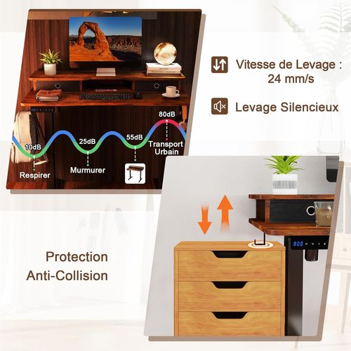 Bureau Assis-debout Electrique 100x60 Cm, Avec 2 Tiroirs, Réglable En Hauteur (marron Rustique)