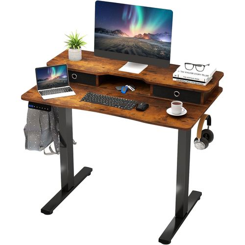 Bureau Assis-debout Electrique 100x60 Cm, Avec 2 Tiroirs, Réglable En Hauteur (marron Rustique)