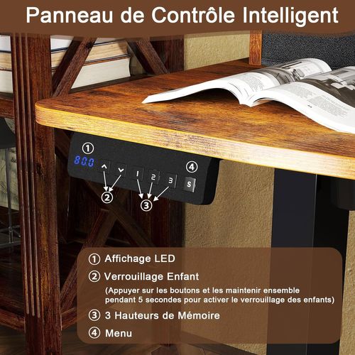 Bureau Assis-debout Electrique 100x60 Cm, Avec 2 Tiroirs, Réglable En Hauteur (marron Rustique)