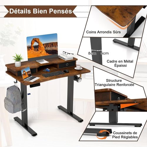 Bureau Assis-debout Electrique 100x60 Cm, Avec 2 Tiroirs, Réglable En Hauteur (marron Rustique)