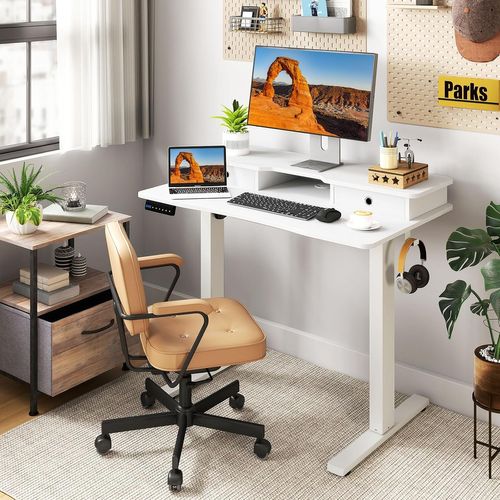 Bureau Assis-debout Electrique 100x60 Cm,avec 2 Tiroirs,réglable En Hauteur,support D'ecran(blanc)