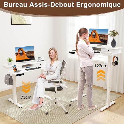 Bureau Assis-debout Electrique 100x60 Cm,avec 2 Tiroirs,réglable En Hauteur,support D'ecran(blanc)