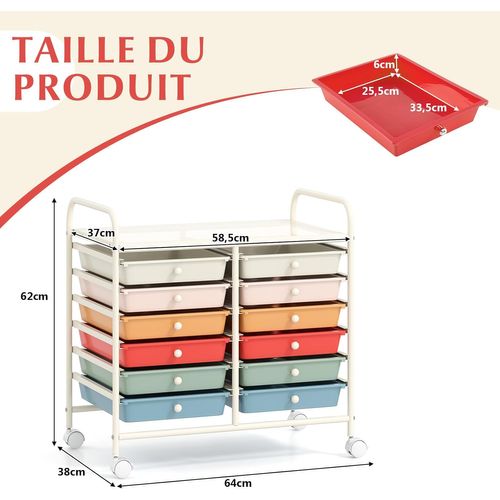 Chariot De Rangement à Roulettes 12 Tiroirs En Pp, Tour De Rangement Avec Tablette, (macaron)