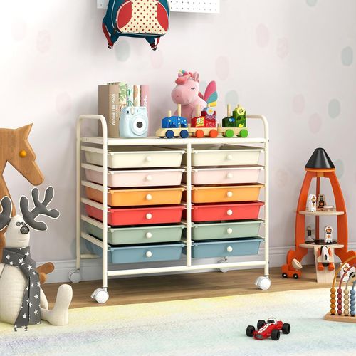 Chariot De Rangement à Roulettes 12 Tiroirs En Pp, Tour De Rangement Avec Tablette, (macaron)