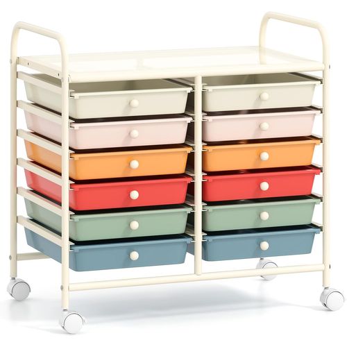 Chariot De Rangement à Roulettes 12 Tiroirs En Pp, Tour De Rangement Avec Tablette, (macaron)