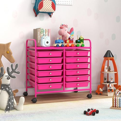 Chariot De Rangement à Roulettes 12 Tiroirs En Pp, Tour De Rangement Avec Tablette, (rose Bonbon)