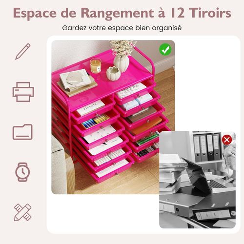 Chariot De Rangement à Roulettes 12 Tiroirs En Pp, Tour De Rangement Avec Tablette, (rose Bonbon)