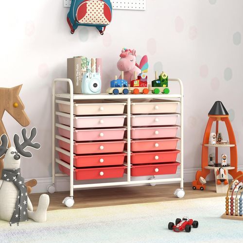 Chariot De Rangement à Roulettes 12 Tiroirs En Pp, Tour De Rangement Avec Tablette, (rose Dégradé)