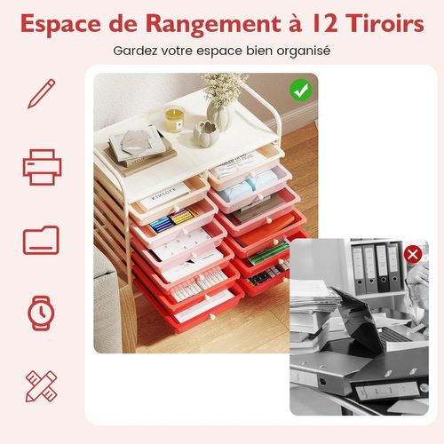 Chariot De Rangement à Roulettes 12 Tiroirs En Pp, Tour De Rangement Avec Tablette, (rose Dégradé)