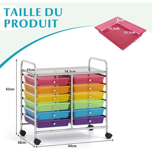 Chariot De Rangement à Roulettes 12 Tiroirs En Pp, Cadre En Métal (multicolore Clair)