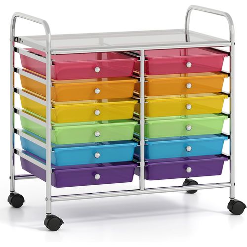 Chariot De Rangement à Roulettes 12 Tiroirs En Pp, Cadre En Métal (multicolore Clair)