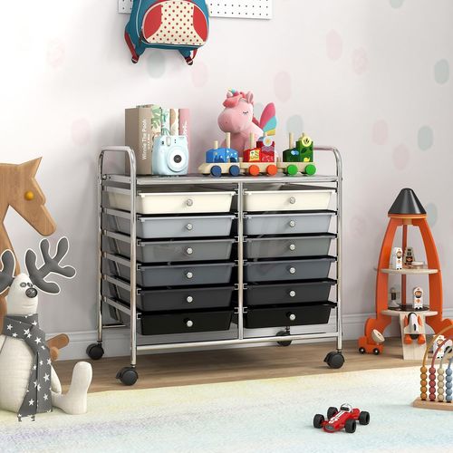Chariot De Rangement à Roulettes 12 Tiroirs En Pp, Tour De Rangement Avec Tablette, (noir Dégradé)