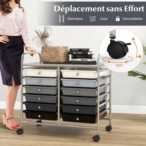 Chariot De Rangement à Roulettes 12 Tiroirs En Pp, Tour De Rangement Avec Tablette, (noir Dégradé)