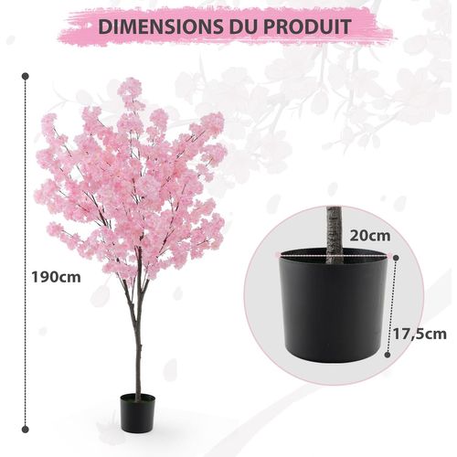Plante Artificielle En Pot Remplies De Ciment 190cm Avec 900 Fleurs Roses, Fausse Cerisier