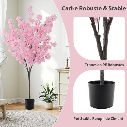 Plante Artificielle En Pot Remplies De Ciment 190cm Avec 900 Fleurs Roses, Fausse Cerisier