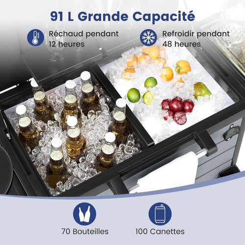 Chariot Isothermique 91l, Roulettes Et Ouvre-bouteille, Mobile Pour Fête Et Bbq Jardin