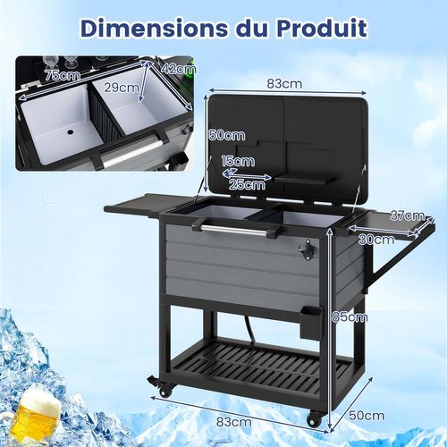 Chariot Isothermique 91l, Roulettes Et Ouvre-bouteille, Mobile Pour Fête Et Bbq Jardin