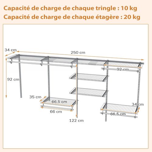 Système De Rangement De Placard à Fil Métallique 250 Cm, Penderie Murale Extensible (gris)