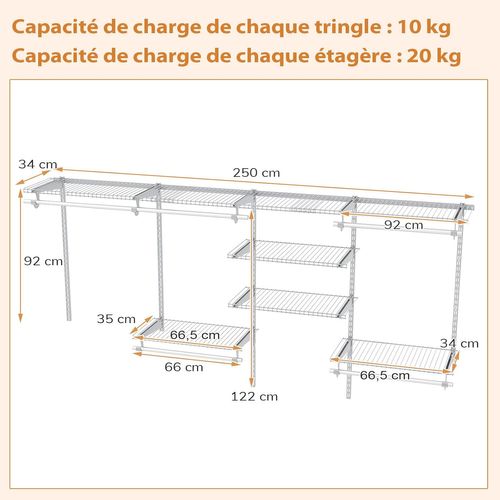 Système De Rangement De Placard à Fil Métallique 250 Cm, Penderie Murale Extensible (blanc)