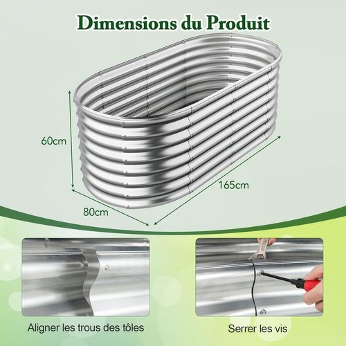 Lit De Jardin Surélevé De 60 Cm à Fond Ouvert, Ovale En Métal, 165 X 80 X 60 Cm (argenté)