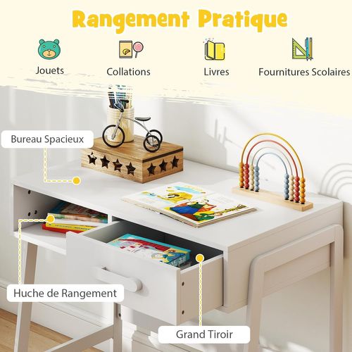 Bureau Enfant En Bois De Pin Avec Chaise Et Grand Tiroir et Étagère De Rangement
