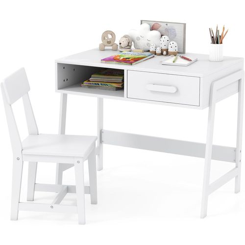 Bureau Enfant En Bois De Pin Avec Chaise Et Grand Tiroir et Étagère De Rangement