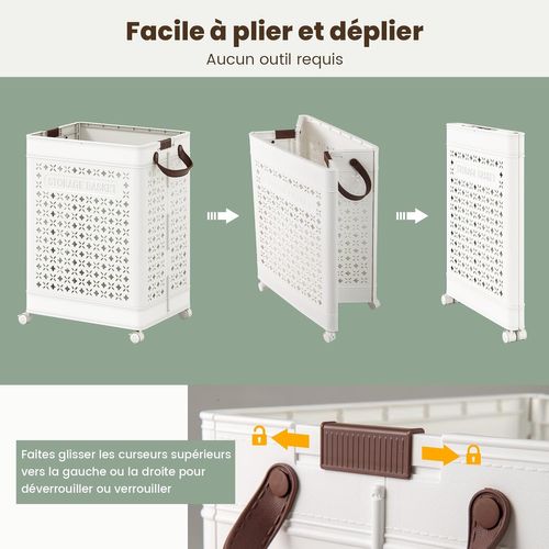 Panier à Linge Roulant 75l Pliable, 2 Poignées Et 2 Crochets, 43.5 X 34 X 61 Cm,blanc