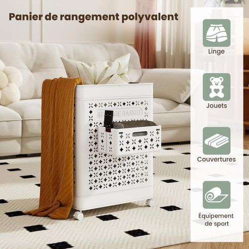 Panier à Linge Roulant 75l Pliable, 2 Poignées Et 2 Crochets, 43.5 X 34 X 61 Cm,blanc