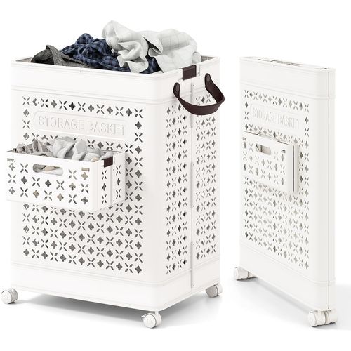 Panier à Linge Roulant 75l Pliable, 2 Poignées Et 2 Crochets, 43.5 X 34 X 61 Cm,blanc