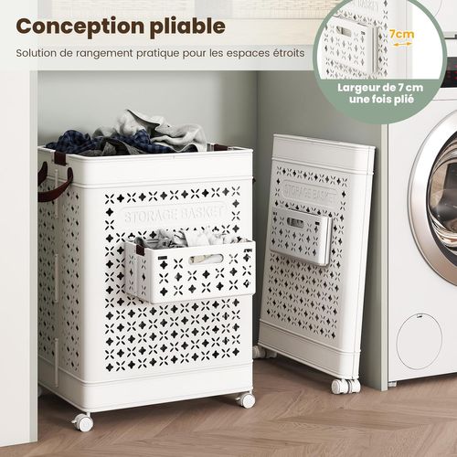 Panier à Linge Roulant 75l Pliable, 2 Poignées Et 2 Crochets, 43.5 X 34 X 61 Cm,blanc