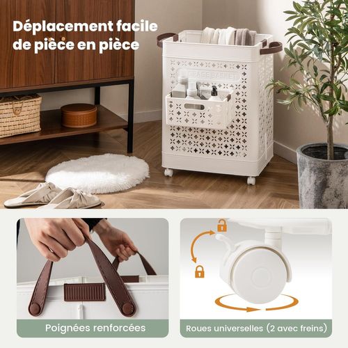 Panier à Linge Roulant 75l Pliable, 2 Poignées Et 2 Crochets, 43.5 X 34 X 61 Cm,blanc