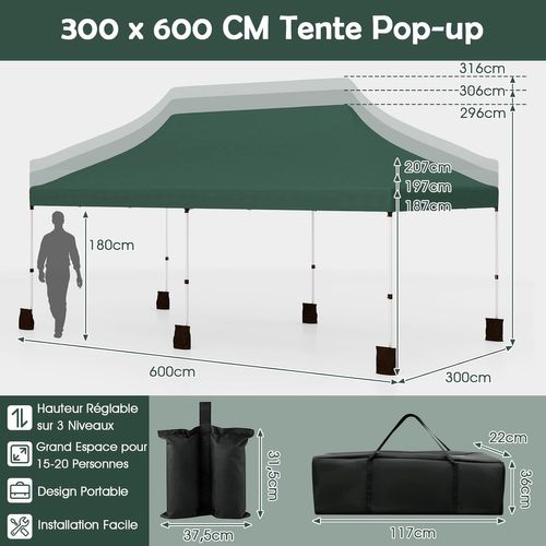 Tonnelle De Jardin Pop-up Pliable 300x600cm, Imperméable Protection Solaire 3 Hauteurs (vert)