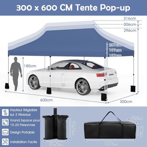 Tonnelle De Jardin Pop-up Pliable 300x600cm, Imperméable Protection Solaire 3 Hauteurs (bleu)