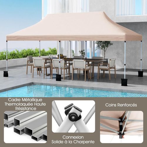 Tonnelle De Jardin Pop-up Pliable 300x600cm, Imperméable Protection Solaire 3 Hauteurs (beige)
