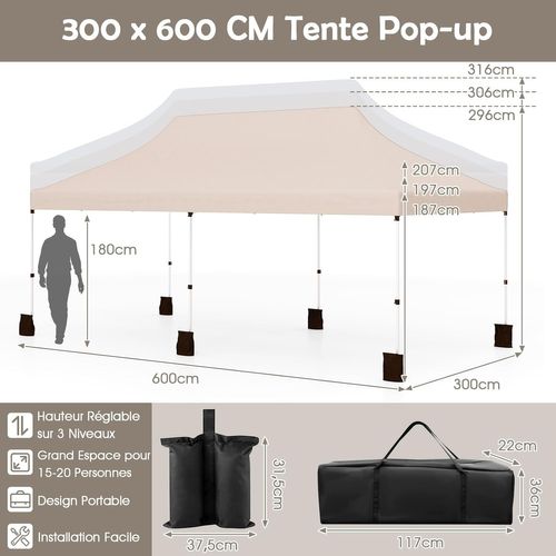 Tonnelle De Jardin Pop-up Pliable 300x600cm, Imperméable Protection Solaire 3 Hauteurs (beige)