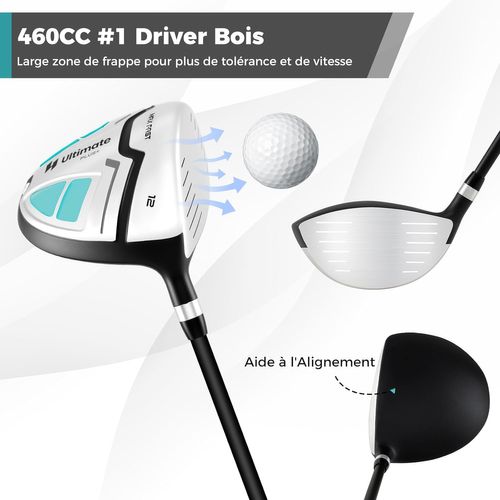 Ensemble Club De Golf Portable, Sac Trépied Avec Driver 460cc #1, Bois #3 Hybride Fers