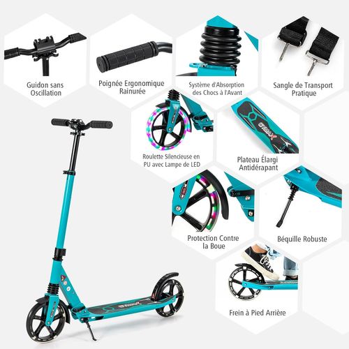 Trottinette Enfant Pliable Avec 2 Roues Clignotantes, Hauteurs Réglables, Frein à Pied (vert)