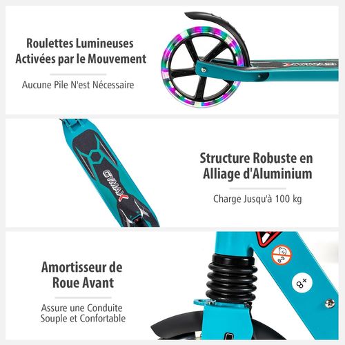 Trottinette Enfant Pliable Avec 2 Roues Clignotantes, Hauteurs Réglables, Frein à Pied (vert)