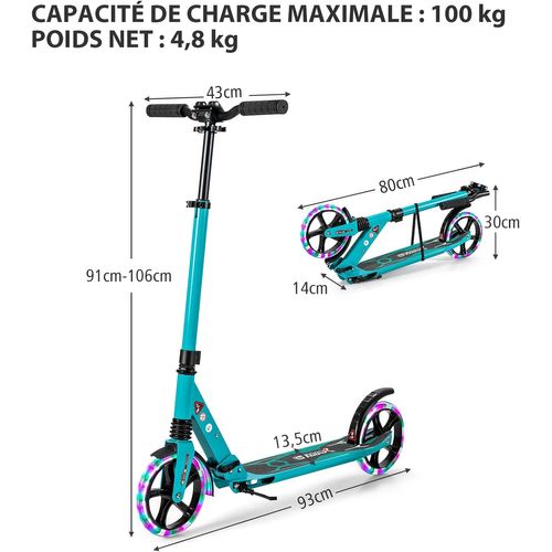Trottinette Enfant Pliable Avec 2 Roues Clignotantes, Hauteurs Réglables, Frein à Pied (vert)