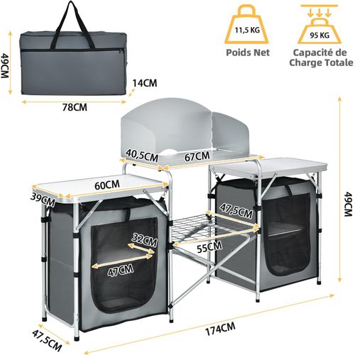 Table De Camping Pliable Avec Etagère De Rangement Et Protection Anti-eclaboussures (gris)