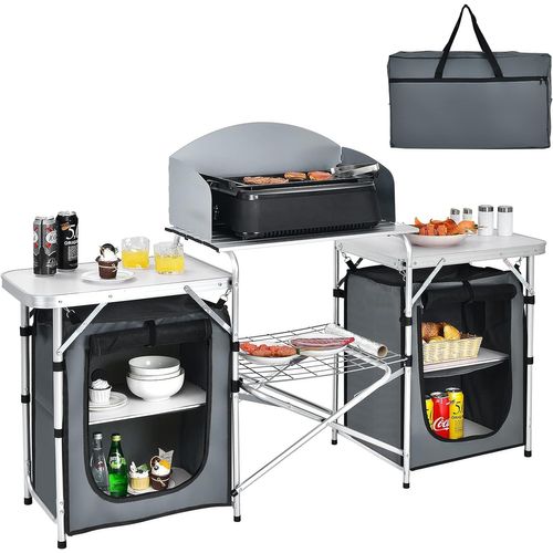 Table De Camping Pliable Avec Etagère De Rangement Et Protection Anti-eclaboussures (gris)